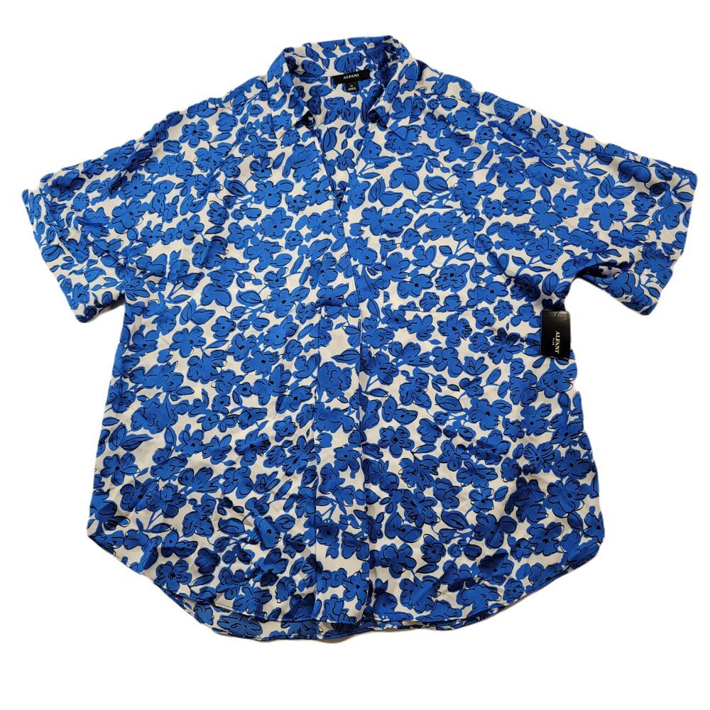 Alfani Hi-Low‎ Blouse Womens 1X Plus Size Blue Floral Contour Bud NEW